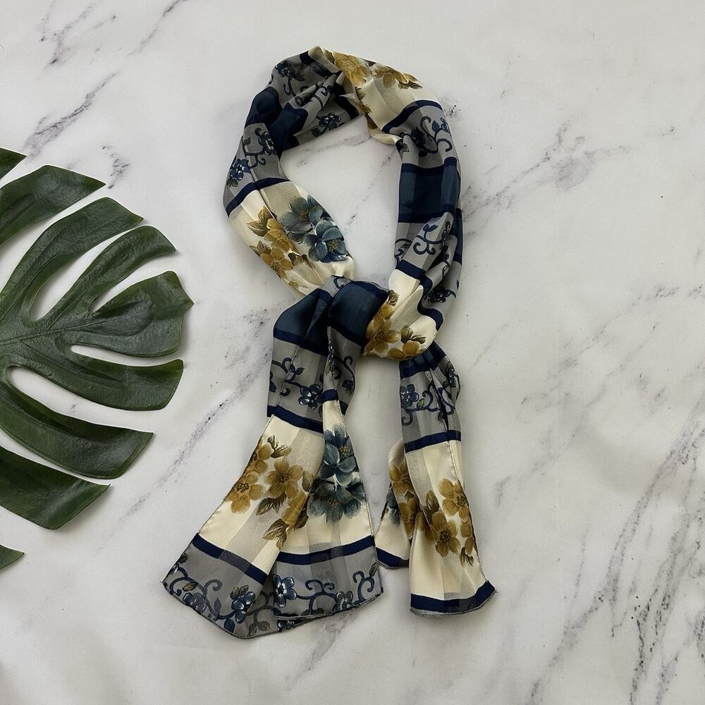 Womens Vintage 90s Long Silk Scarf Blue Yellow Floral Stripe Mom Purse Tie